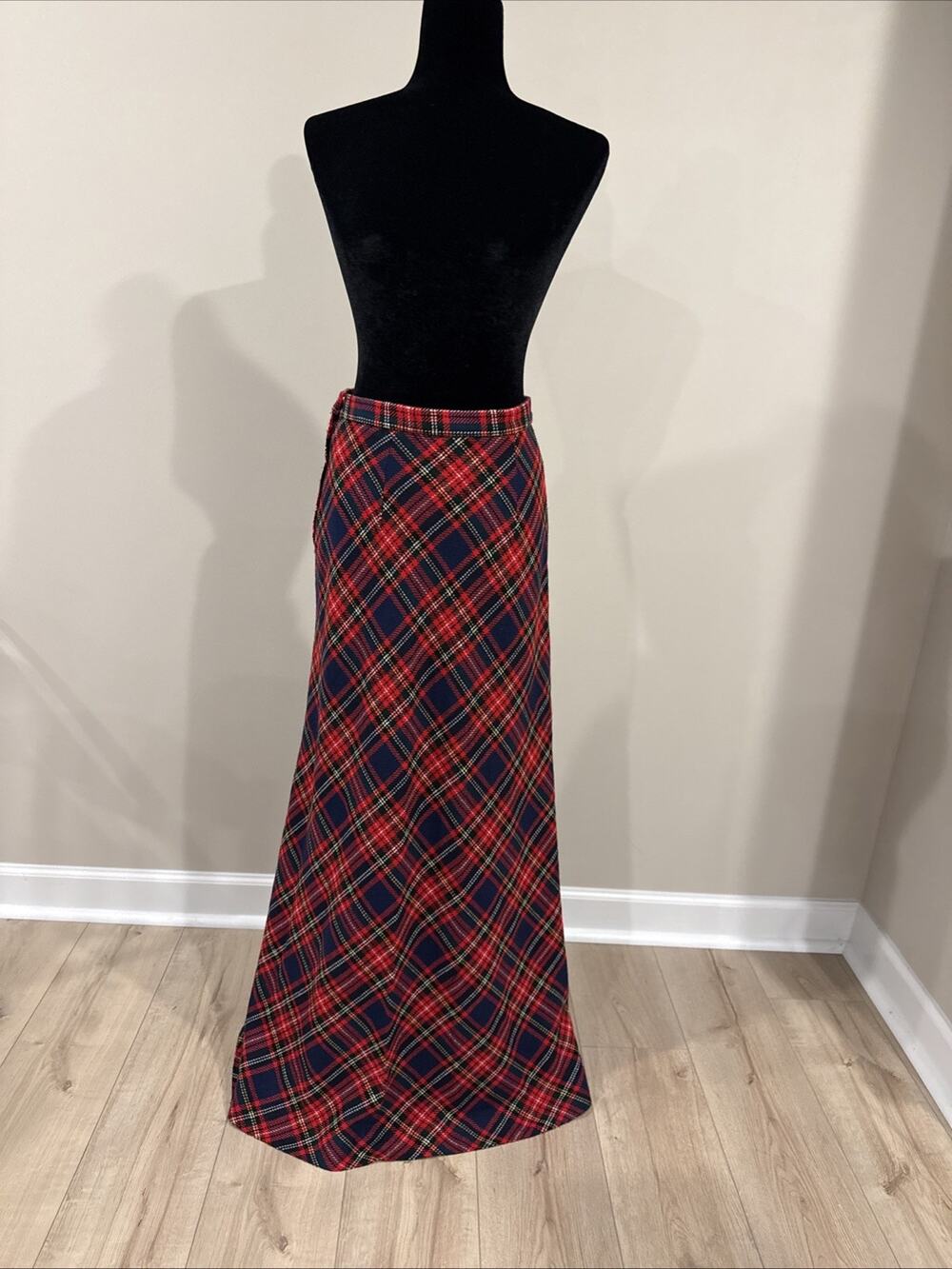 Vintage Red Navy Tartan Plaid Maxi Skirt High Waist Lace Trim Lined